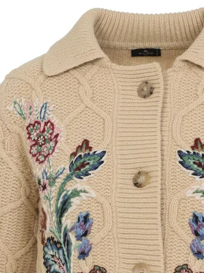 Etro Embroidered Cable-knit Wool And Cashmere-blend Cardigan In Neutral