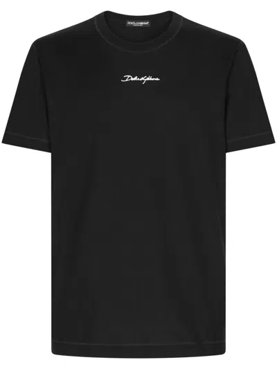 Dolce & Gabbana Black Crewneck T-shirt With Signature Logo In Cotton Man In Black