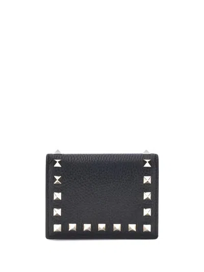 Valentino Bold Studded Leather Wallet With Textured Finish In Black