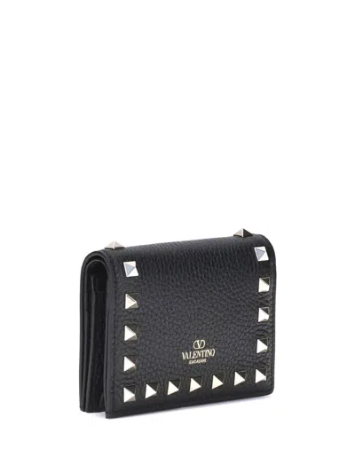 Valentino Bold Studded Leather Wallet With Textured Finish In Black
