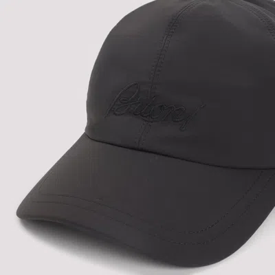 Brioni Coffee Polyester Baseball Cap With Tonal Visor In Black