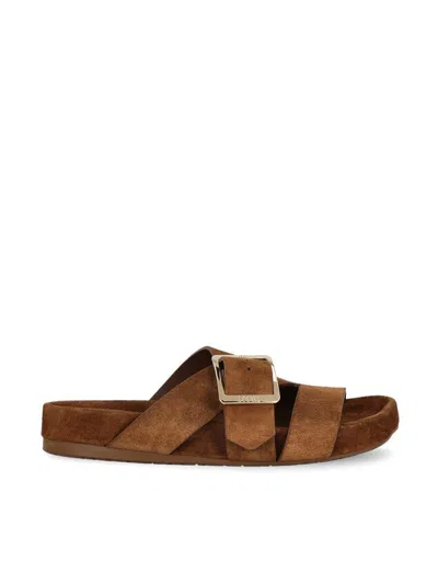 Loewe Brown Calf Suede Sandals With Bold Buckle Detail In Brown