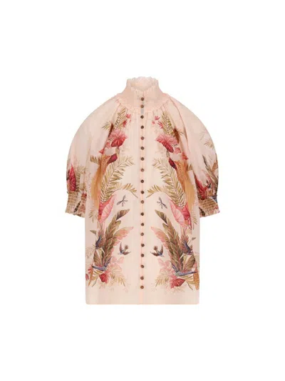 Zimmermann Ascension Embellished Shirred Floral-print Ramie Blouse In Multi