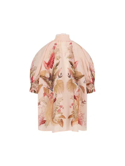 Zimmermann Ascension Embellished Shirred Floral-print Ramie Blouse In Multi