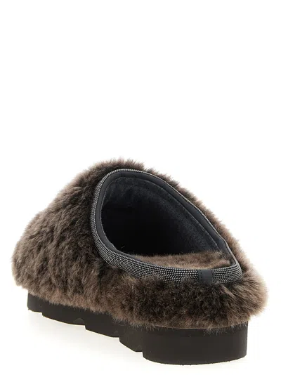 Brunello Cucinelli Round Toe Faux Fur Flat Sole Sandals In Gray