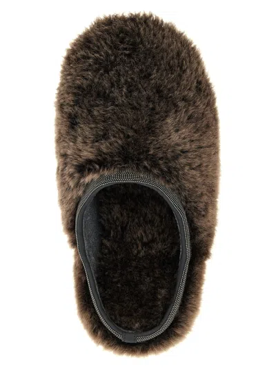 Brunello Cucinelli Round Toe Faux Fur Flat Sole Sandals In Gray