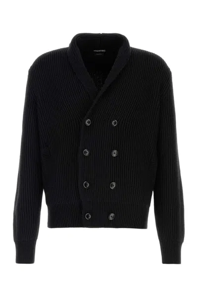 Tom Ford Shawl Collar Double-breasted Front Pockets Ribbed Texture In Black