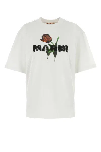 Marni White Cotton T-shirt With Tulip Print Women In White