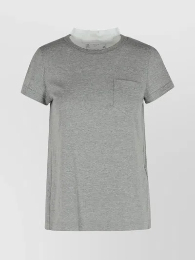 Sacai Cotton T-shirt With Pleated Back And Chest Pocket In Gray
