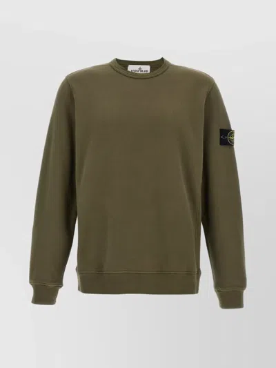 Stone Island Crew Neck Sweater Ribbed Cuffs In Green