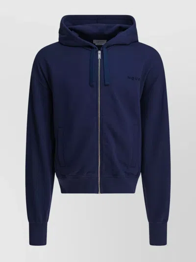 Alexander Mcqueen Full-zip Hooded Sweatshirt With Embroidered Detailing In Blue