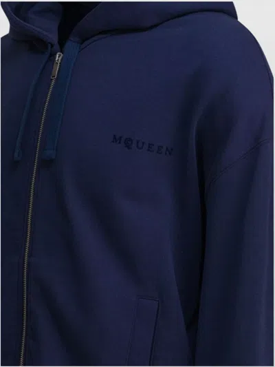 Alexander Mcqueen Full-zip Hooded Sweatshirt With Embroidered Detailing In Blue