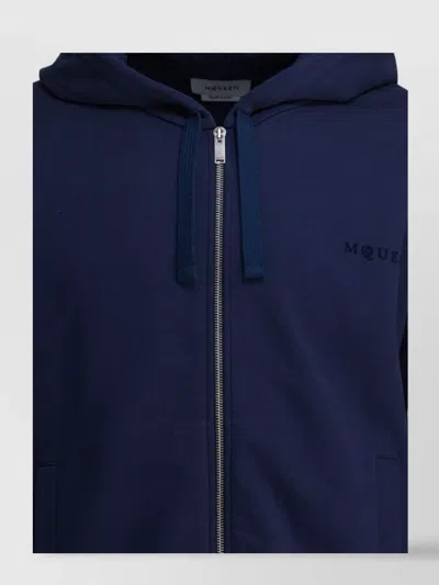 Alexander Mcqueen Full-zip Hooded Sweatshirt With Embroidered Detailing In Blue