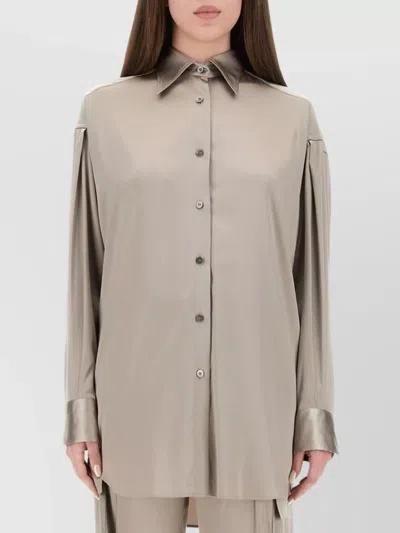 Tom Ford Collared Neck Long Sleeves Pleated Back Top In Gray