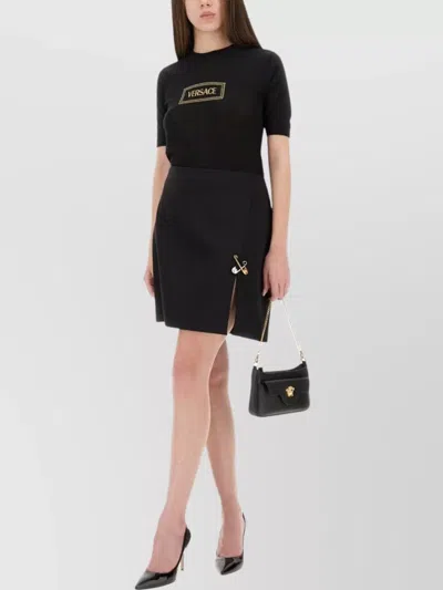 Versace Fitted Knit T-shirt With Logo Patch In Black