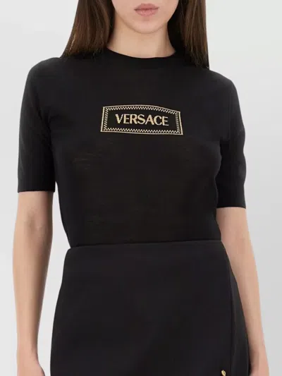 Versace Fitted Knit T-shirt With Logo Patch In Black