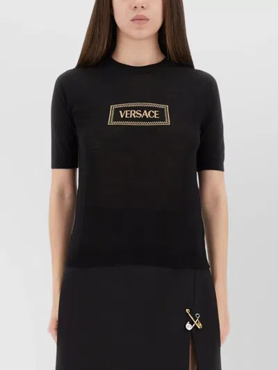 Versace Fitted Knit T-shirt With Logo Patch In Black