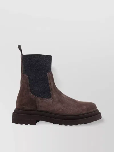Brunello Cucinelli Chunky Sole Suede Ankle Boots With Monili Detail In Brown