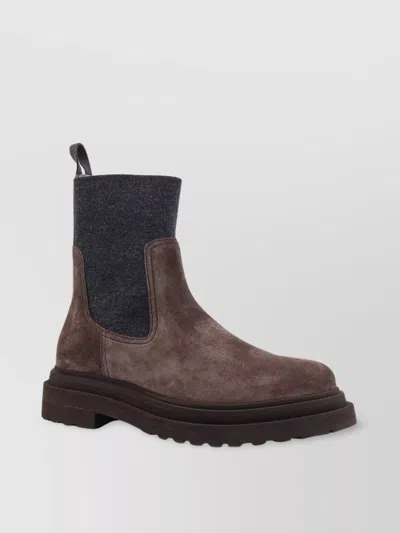 Brunello Cucinelli Chunky Sole Suede Ankle Boots With Monili Detail In Brown