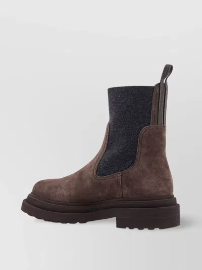 Brunello Cucinelli Chunky Sole Suede Ankle Boots With Monili Detail In Brown
