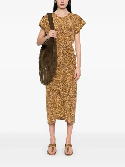 Isabel Marant Terena Gathered Printed Stretch-silk Crepe De Chine Midi Dress In Brown