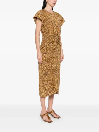 Isabel Marant Terena Gathered Printed Stretch-silk Crepe De Chine Midi Dress In Brown