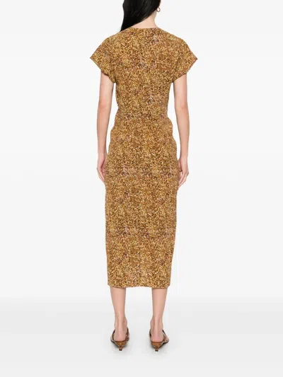 Isabel Marant Terena Gathered Printed Stretch-silk Crepe De Chine Midi Dress In Brown