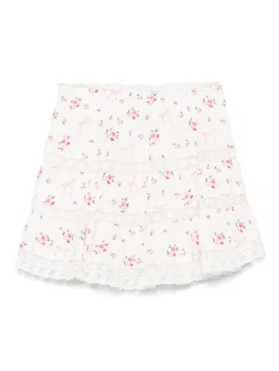 Loveshackfancy Smocked Waist Tiered Mini Skirt With Floral Embroidery In White