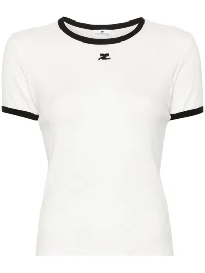 Courrèges Fitted White T-shirt With Contrasting Ribbed Trim In White