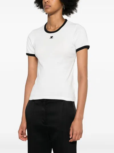 Courrèges Fitted White T-shirt With Contrasting Ribbed Trim In White