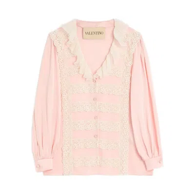 Valentino Ruffle V-neck Lace Trim Silk Shirt