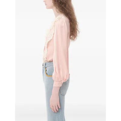 Valentino Ruffle V-neck Lace Trim Silk Shirt