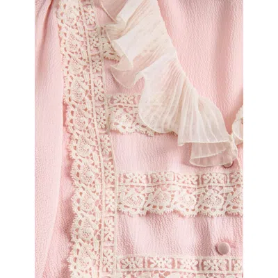 Valentino Ruffle V-neck Lace Trim Silk Shirt