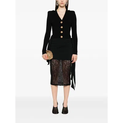 Balmain Structured Shoulder Black V-neck Cardigan With Decorative Buttons In Black