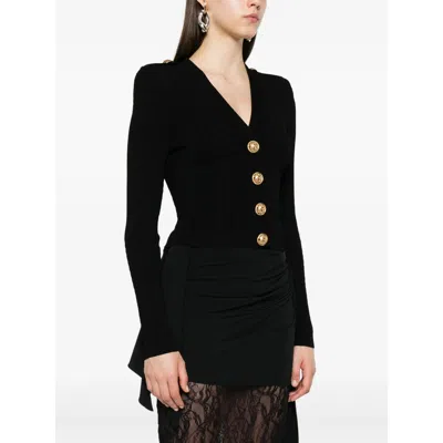 Balmain Structured Shoulder Black V-neck Cardigan With Decorative Buttons In Black