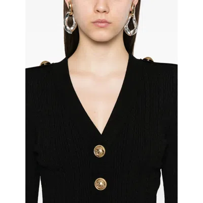 Balmain Structured Shoulder Black V-neck Cardigan With Decorative Buttons In Black