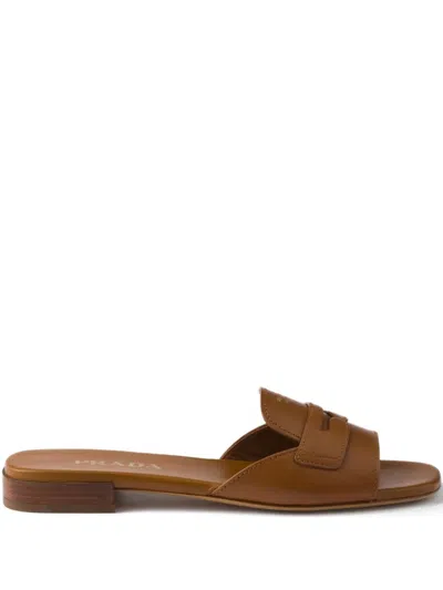 Prada Triangle-logo Leather Sandals In Brown