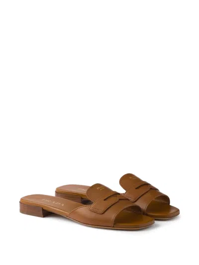 Prada Triangle-logo Leather Sandals In Brown