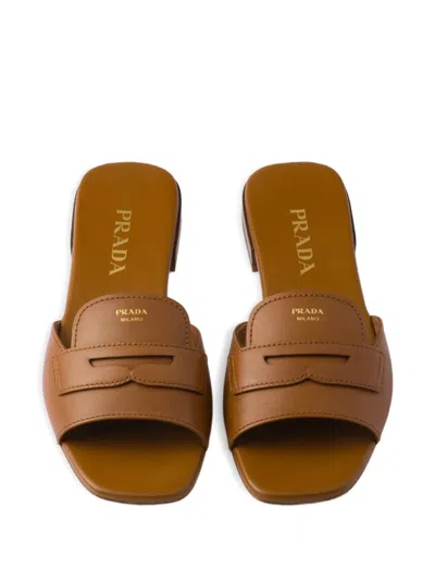 Prada Triangle-logo Leather Sandals In Brown