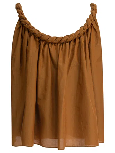 Loulou De Saison Gathered Top With Braided Neckline And Flowing Silhouette In Brown