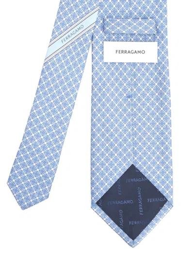 Ferragamo Vara Plaque Print Silk Tie Ties And Bow Ties Light Blue In Blue