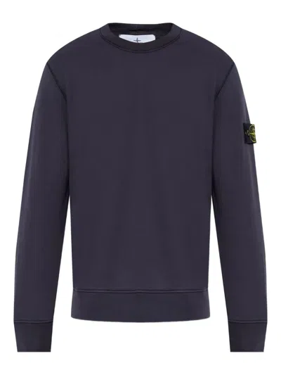 Stone Island Round-neck Sweatshirt With Ribbed Cuffs And Logo Detail In Blue