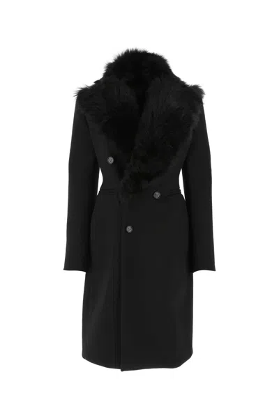 Bottega Veneta Shearling-trim Double-breasted Coat In Black