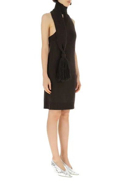 Bottega Veneta Asymmetric Knitted Haltner-neck Dress In Brown