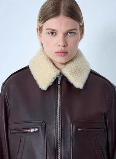 Bottega Veneta Brown Shearling Coat With Removable Fur Collar And Front Zip Closure In Leather Woman In Brown