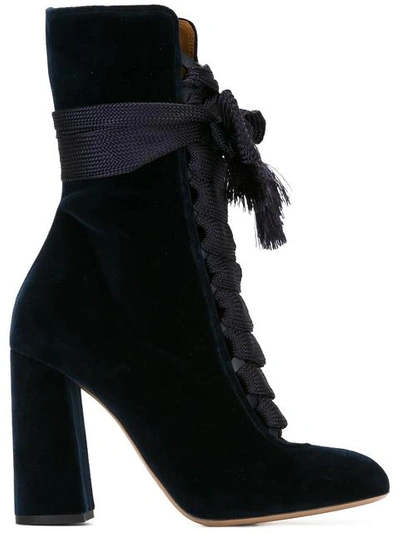 Chloé Harper Lace-up Velvet Ankle Boots In Navy