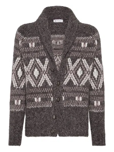 Brunello Cucinelli Wool Cardigan V-neck Geometric Pattern