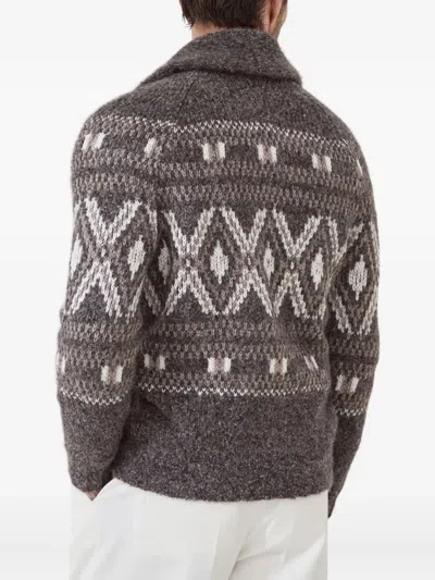 Brunello Cucinelli Wool Cardigan V-neck Geometric Pattern