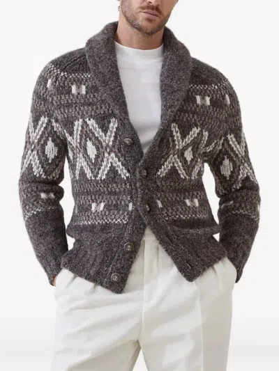 Brunello Cucinelli Wool Cardigan V-neck Geometric Pattern