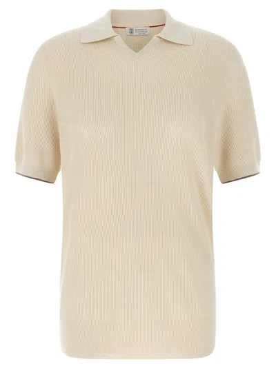 Brunello Cucinelli Light Grey Ribbed Knit Cotton Polo Collar Sweater For Men In Multi
